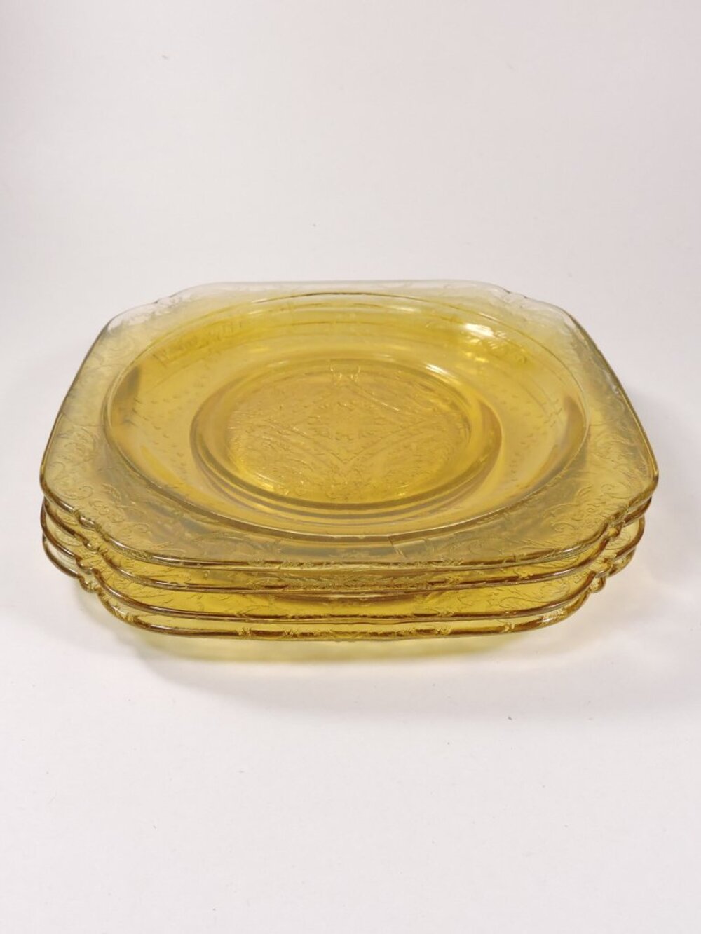 4 Vintage Federal Depression Glass 6" Square Bread Plates - Madrid Pattern